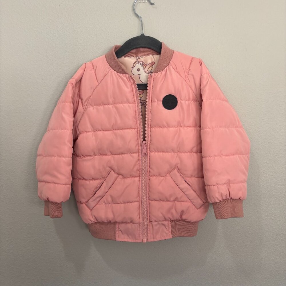 Huxbaby reversible pink/light pink with unicorns puffer coat